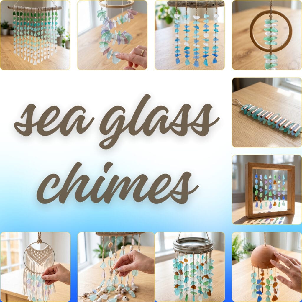 A comprehensive DIY craft collage showcasing 10 different sea glass chimes layout designs around a central typography text that reads sea glass chimes.