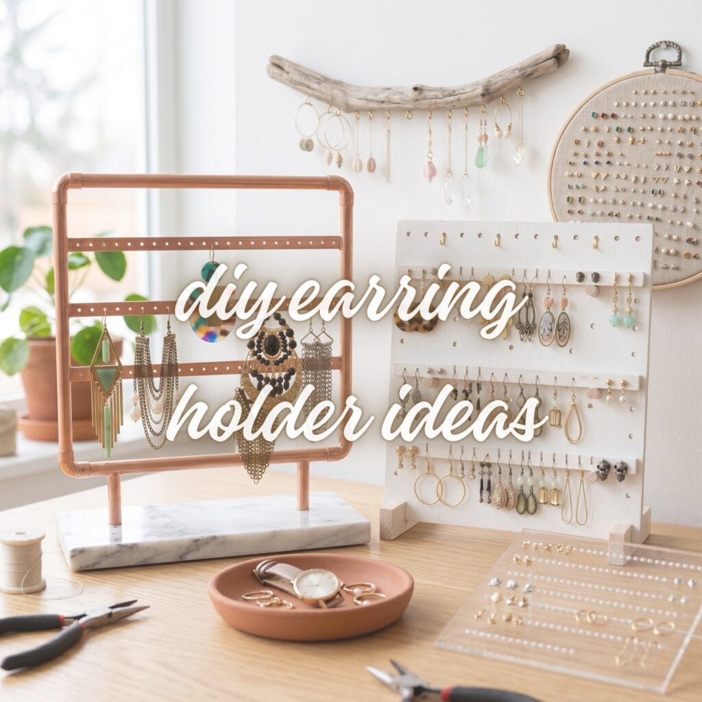 A curated collection of finished DIY earring holder organizers blending wood, mesh, and leather on a light oak table.