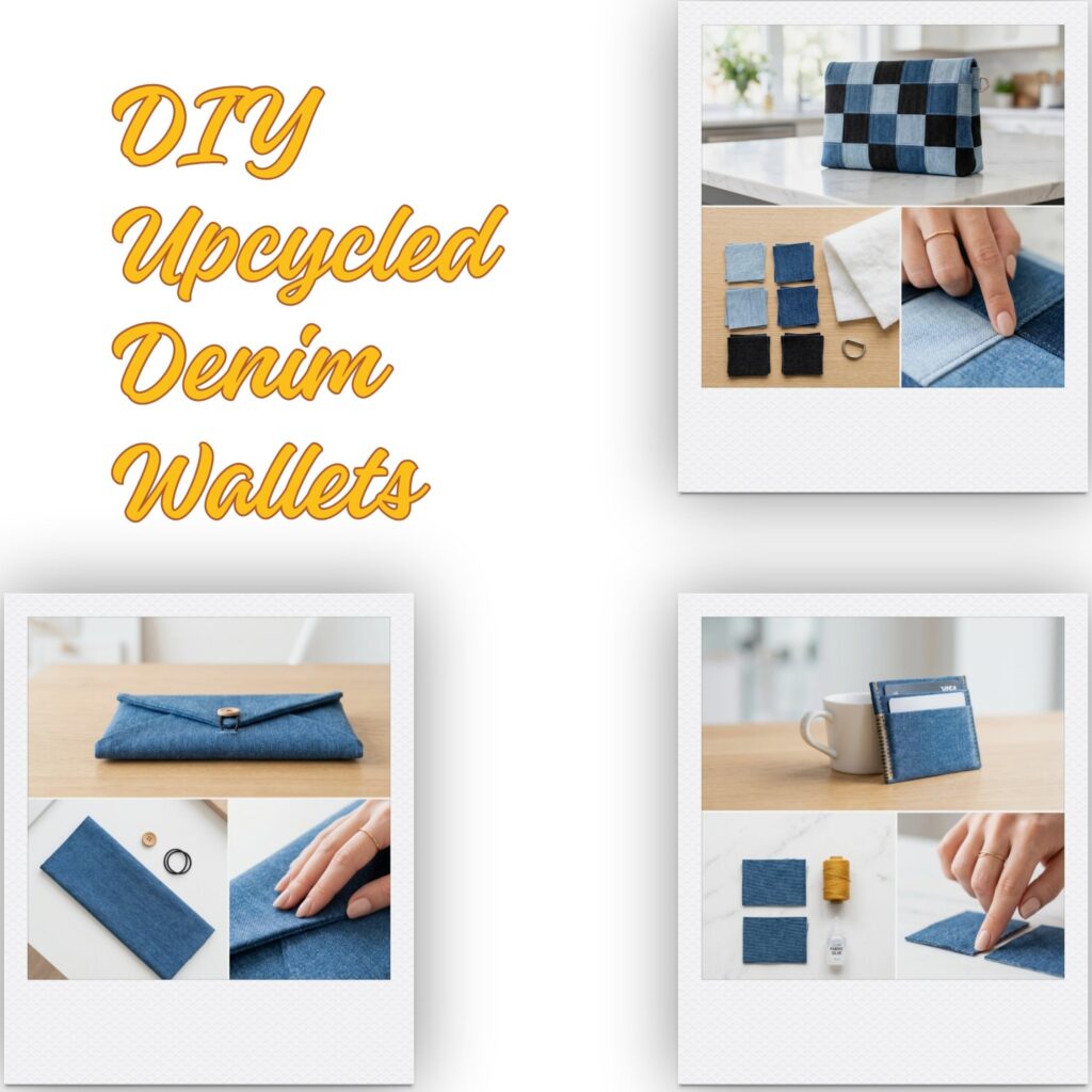 A square collage layout featuring three polaroid-style project previews of a checkered patchwork grid clutch, an envelope tri-fold clutch, and a minimalist denim card sleeve by a white coffee mug, next to orange cursive text reading DIY Upcycled Denim Wallets.