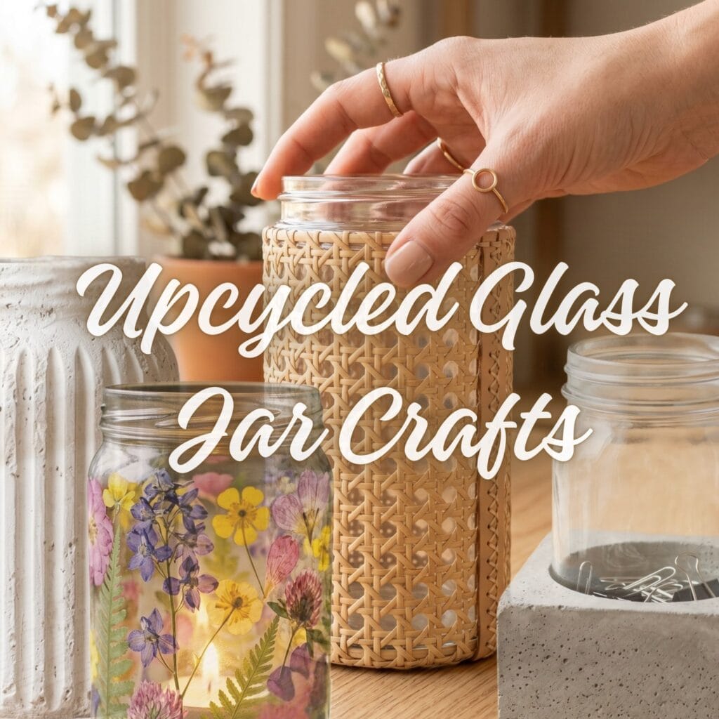 A collection of handmade upcycled glass jar crafts on an oak table, including a pressed wildflower luminary, a rattan-wrapped cylinder, and a concrete-based storage jar being handled by a manicured hand.