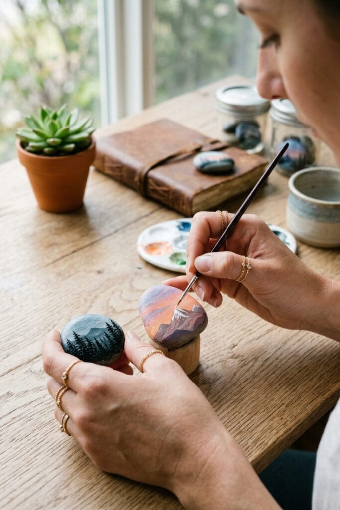 Miniature-mountain-landscape-sunset-rock-painting-ideas