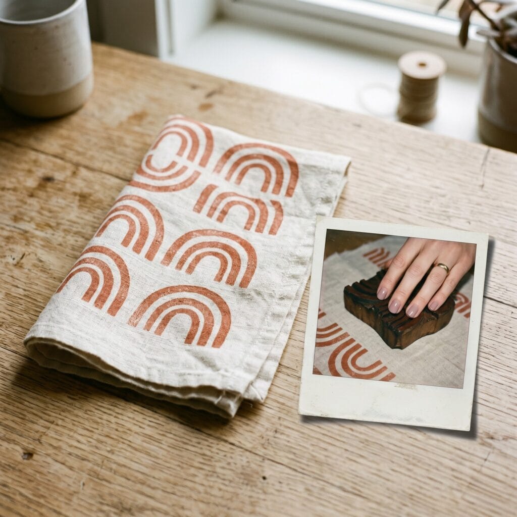 A folded natural linen dining napkin with an earthy terracotta half-arch block print pattern next to a vintage polaroid snapshot showing a female hand holding a matching carved arch block stamp on a light oak wooden table
