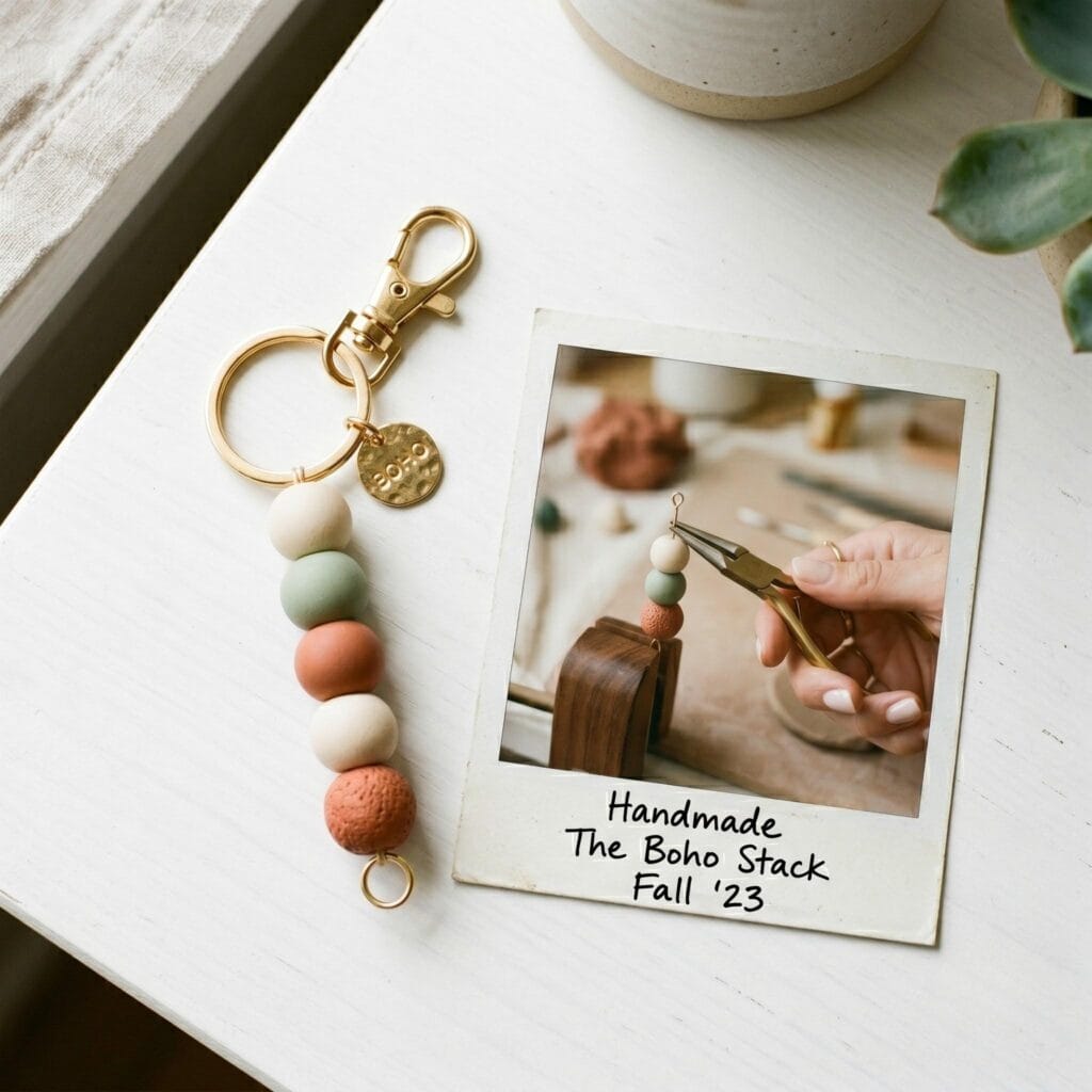 A high-angle view of a boho terracotta stack polymer clay keychain on a white table next to a polaroid showing a hand assembling clay beads.