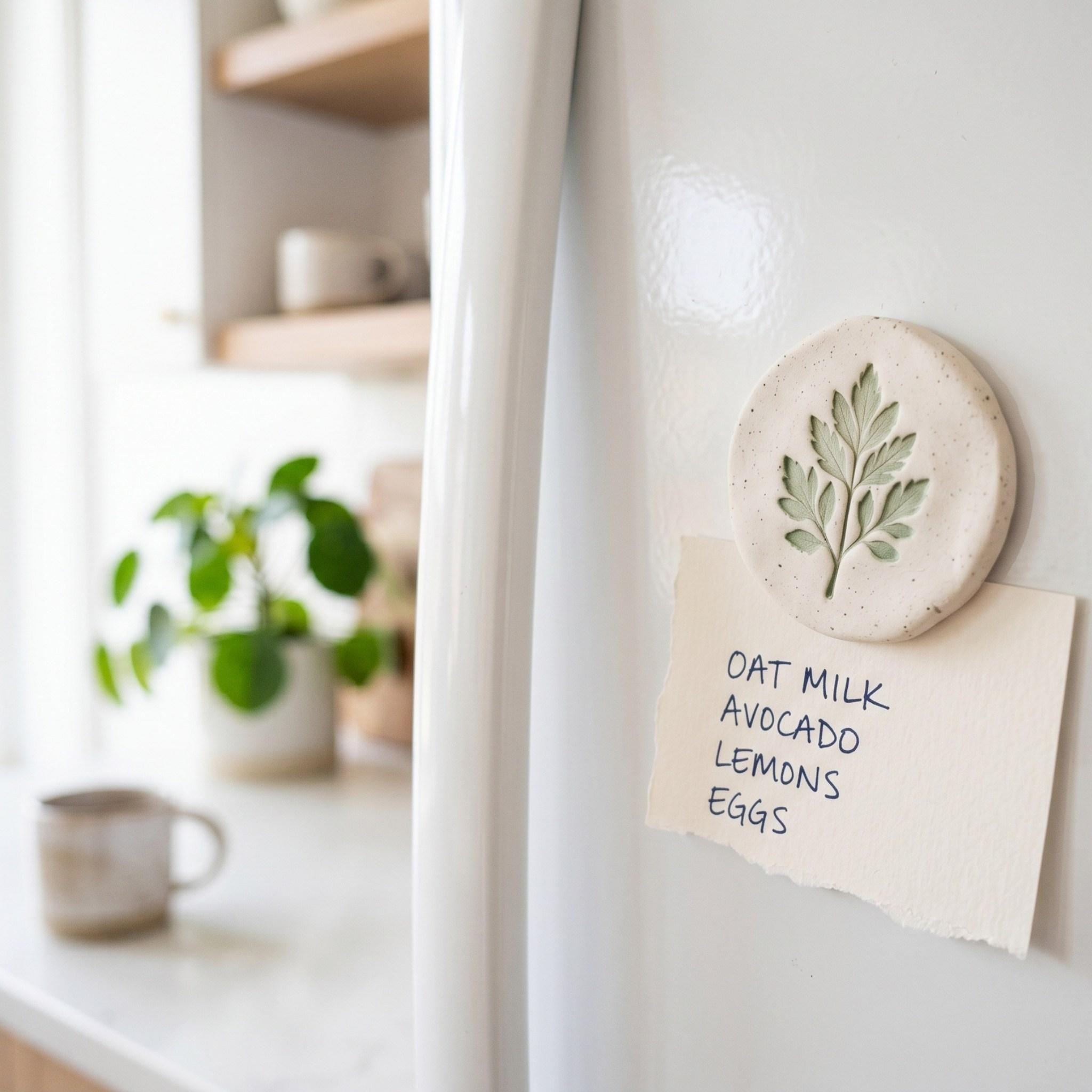 A close-up photograph of a handmade air dry clay magnet featuring a green leaf imprint holding a grocery list on a white fridge door.
