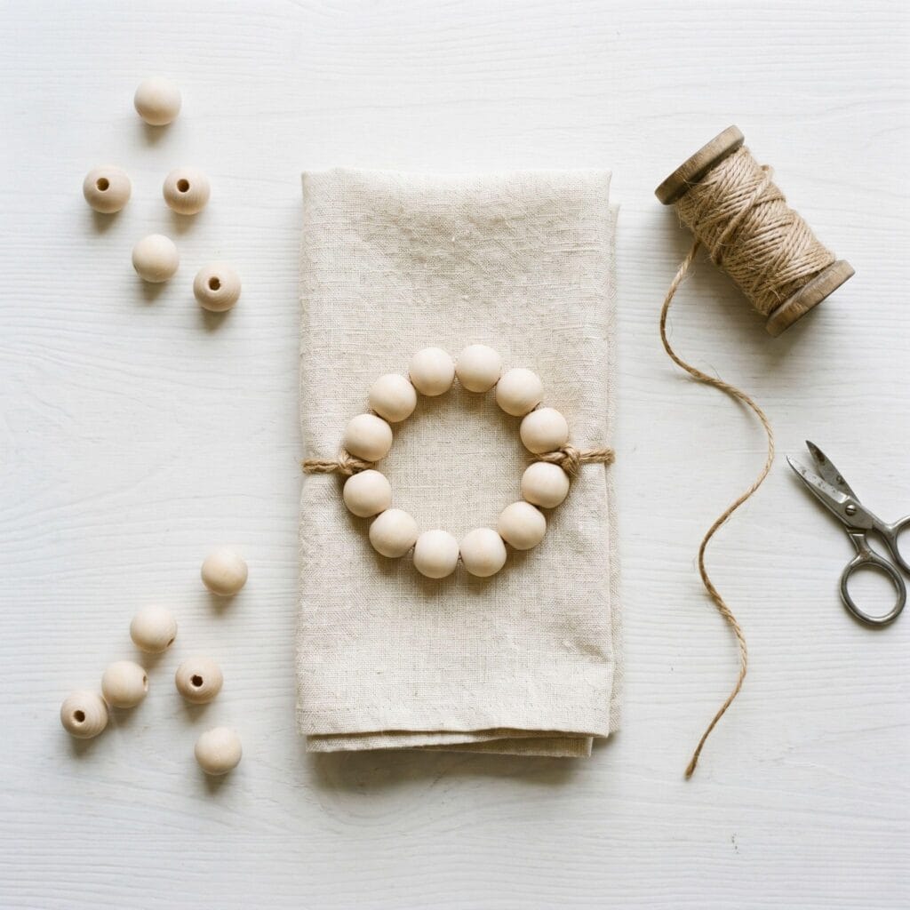 A finished wooden bead napkin ring made with classic untreated round beads on natural jute twine, flat lay on a textured linen napkin.
