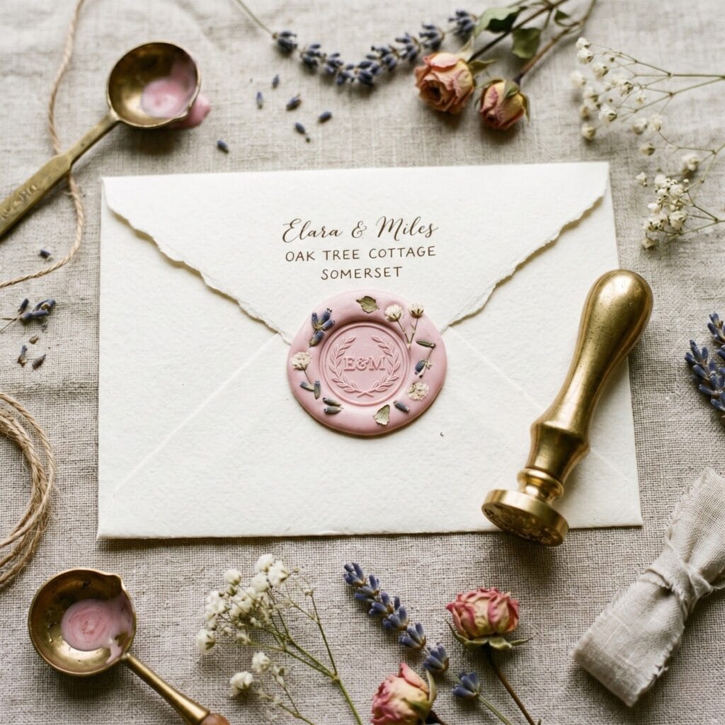 A close-up of a pastel pink custom wax seal with dried lavender embedded into the edge, resting on a textured cream envelope.