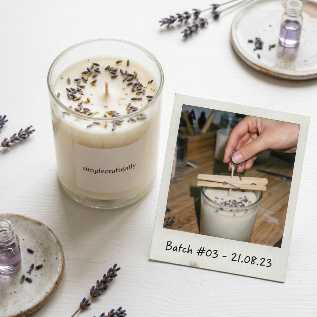 A top-down view of a handmade soy candle in a frosted jar on a white table next to a polaroid showing a hand adding lavender buds to cooling wax.