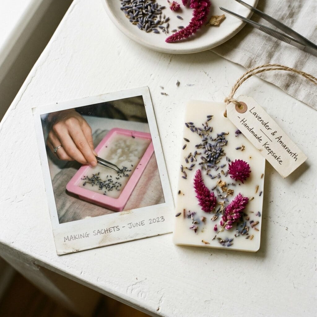 A high-angle overhead view of a lavender wax sachet on a white table next to a polaroid showing a hand placing flowers into a mold.