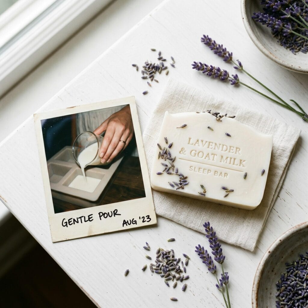A high-angle overhead view of a white goat milk soap bar on a white table next to a polaroid showing a hand pouring liquid white soap into a mold.