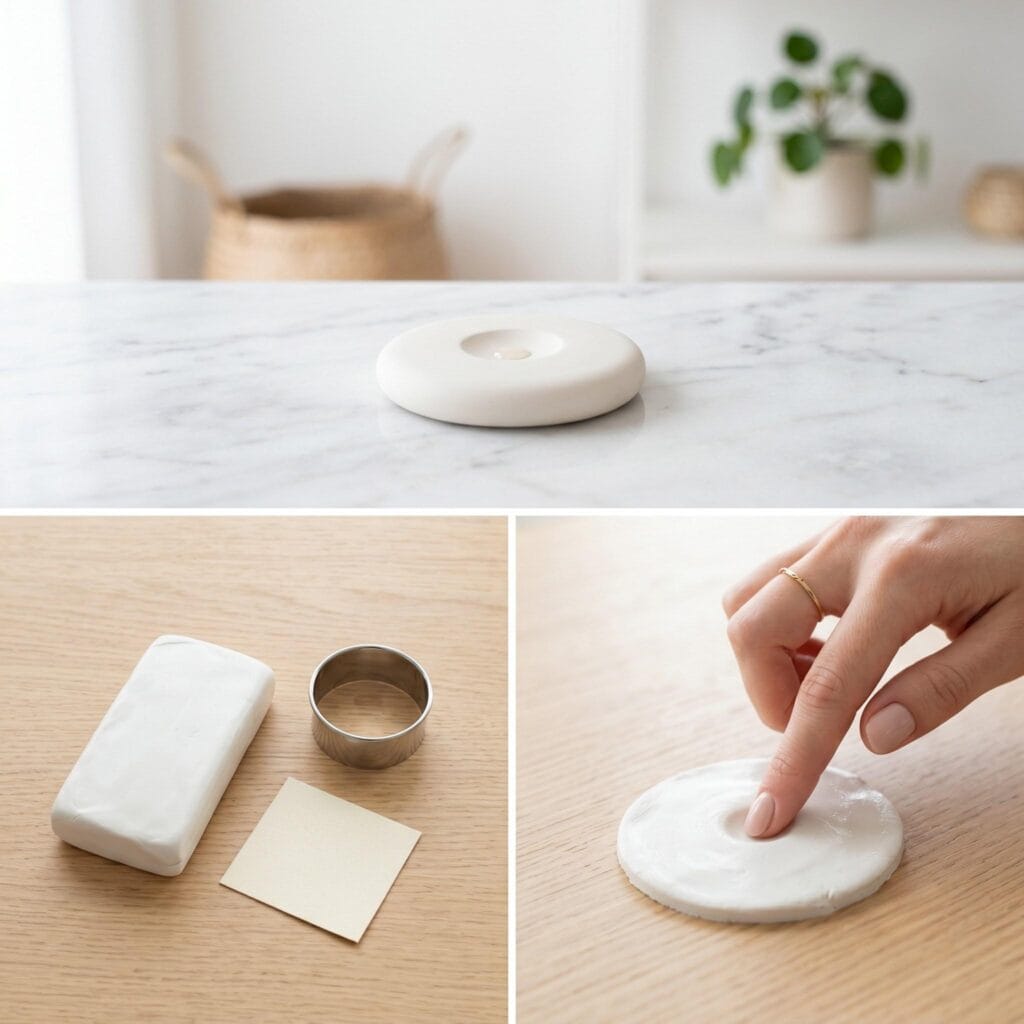 A smooth, round white air-dry clay diffuser stone with a center indentation on a white surface.