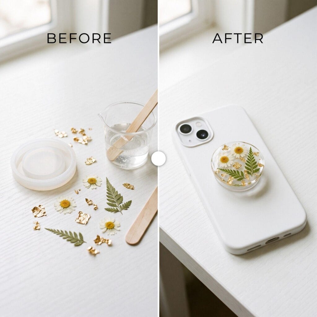 A split-screen before and after of a DIY resin phone grip, showing an empty mold with dried daisies on the left, and the finished botanical resin phone grip on a white phone case on the right.