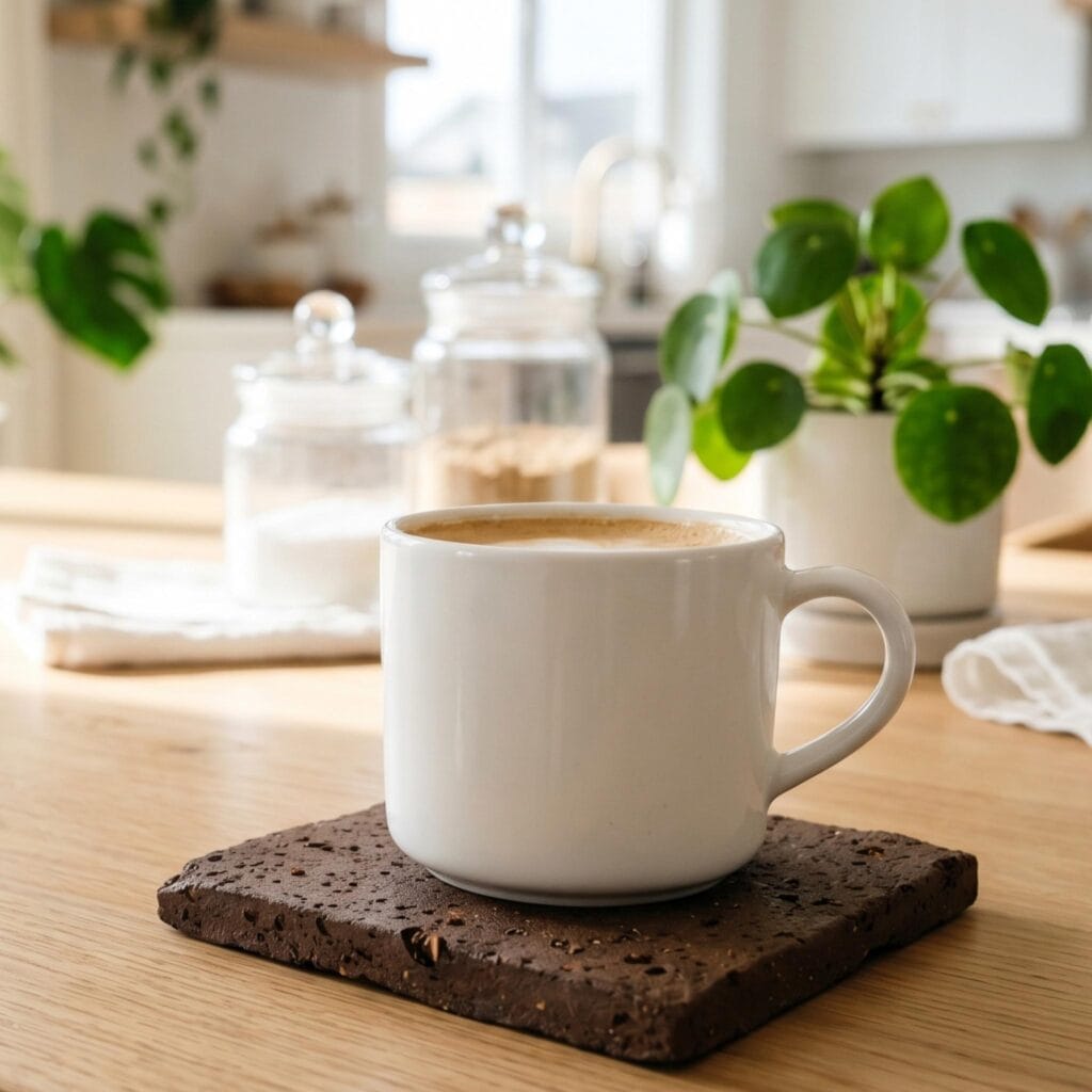 A rustic dark brown coffee clay cup coaster with a white ceramic mug resting on top of a light wooden table.