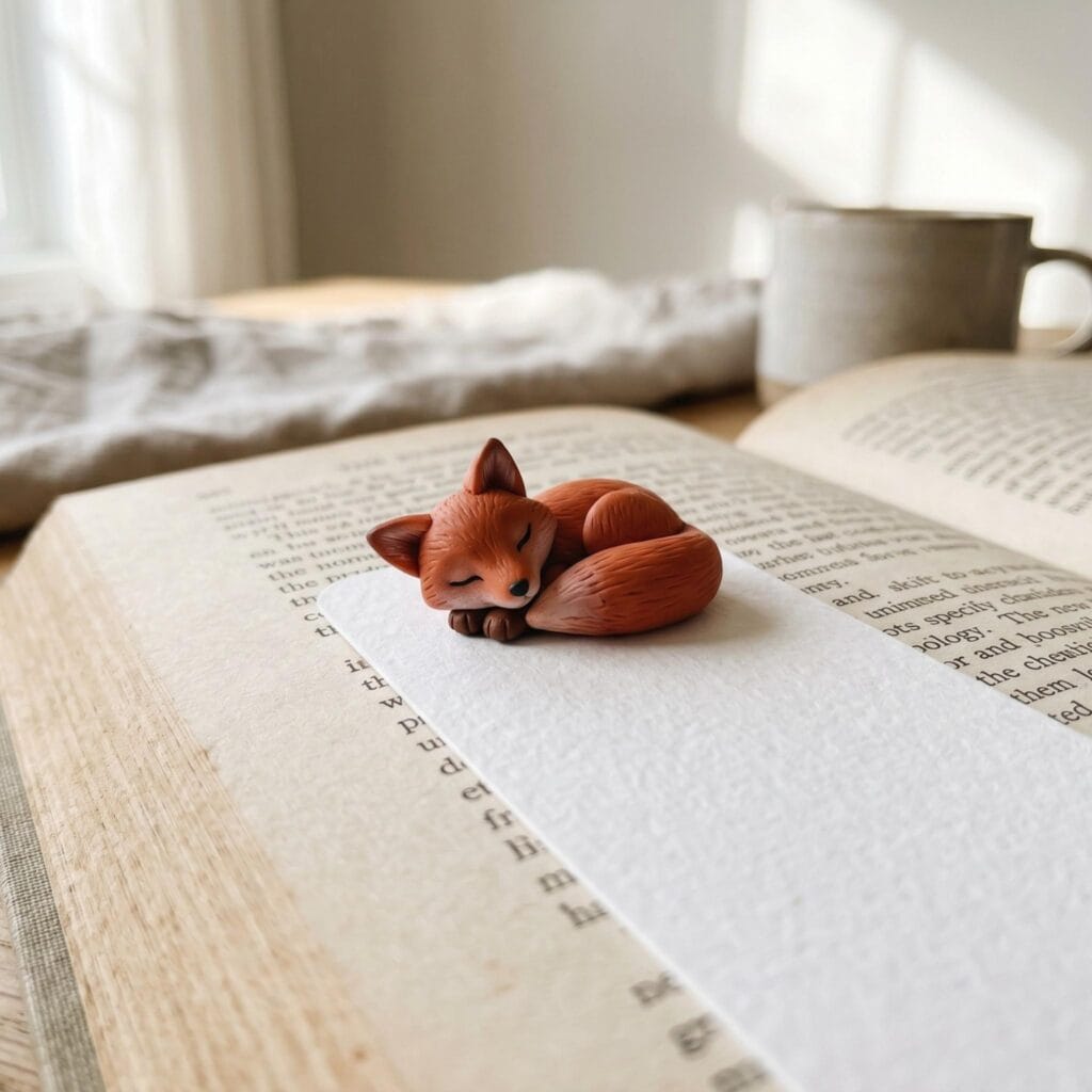 A handmade polymer clay bookmark featuring a tiny sleeping fox figurine resting on open book pages.