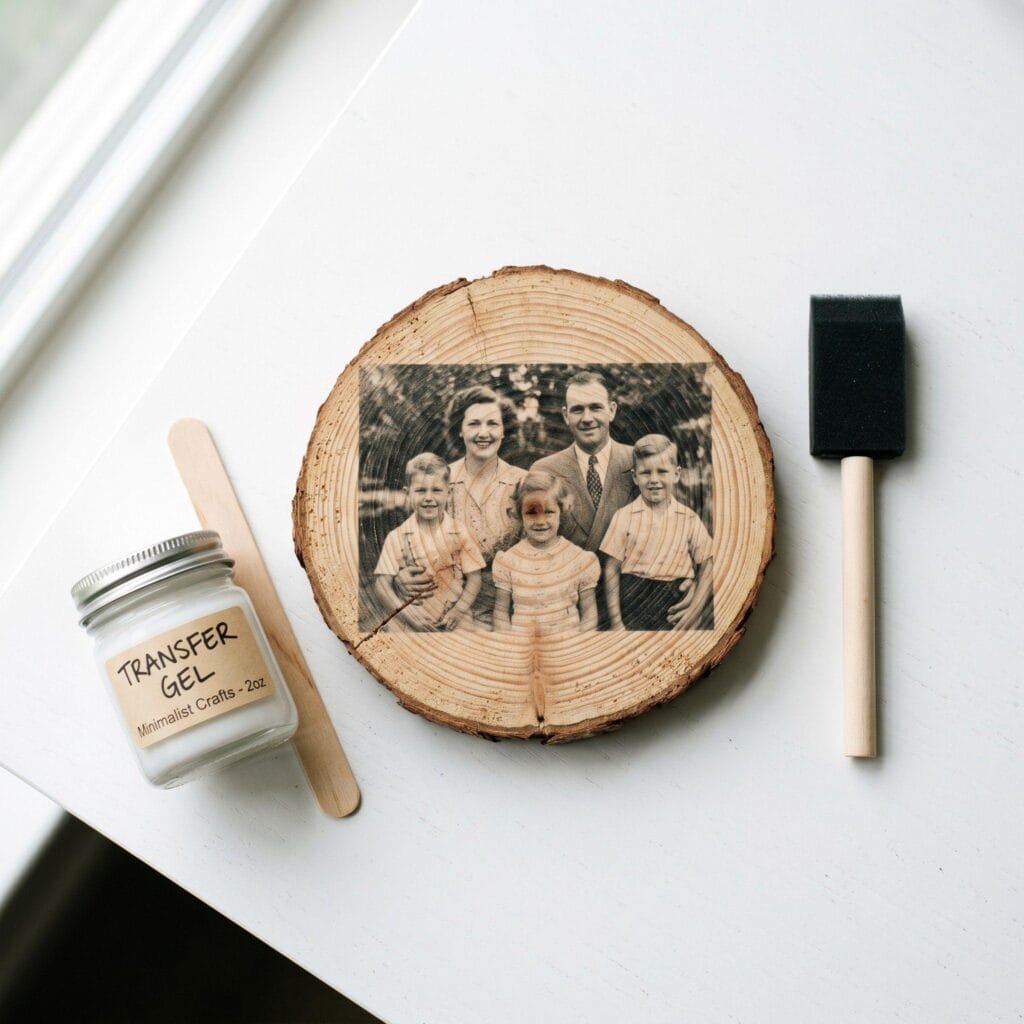 A close-up of a rustic raw pine wood slice coaster on a bright white studio desk, featuring a transferred black and white vintage family portrait with visible wood grains.