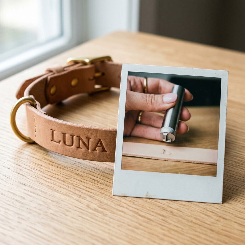A stamped tan leather pet collar with the name LUNA lying on a wooden table beside a vintage polaroid photo showing a close-up of a steel letter stamping tool.