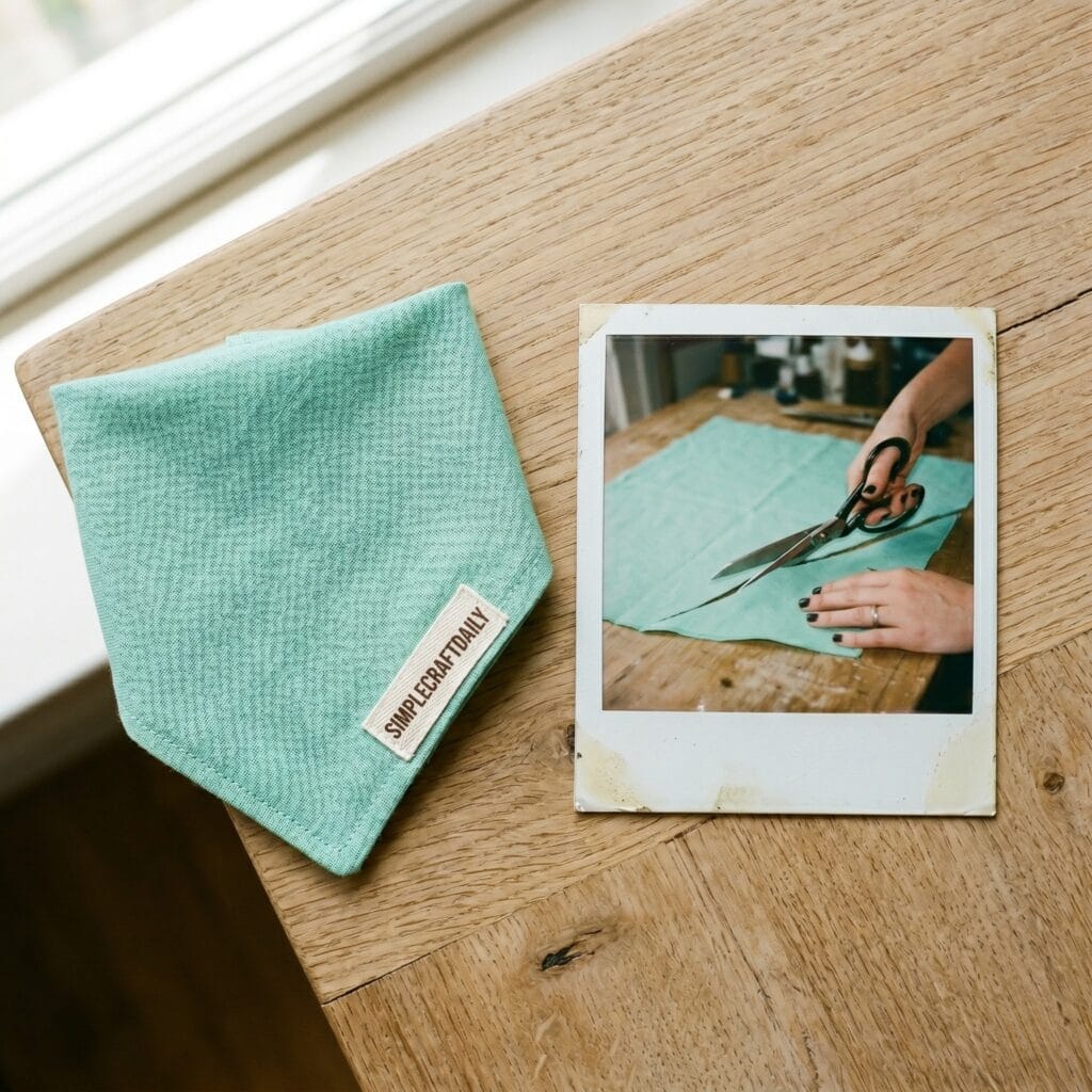 A mint green cotton dog bandana on an oak table next to a vintage polaroid photo showing a single hand cutting matching mint fabric with scissors.