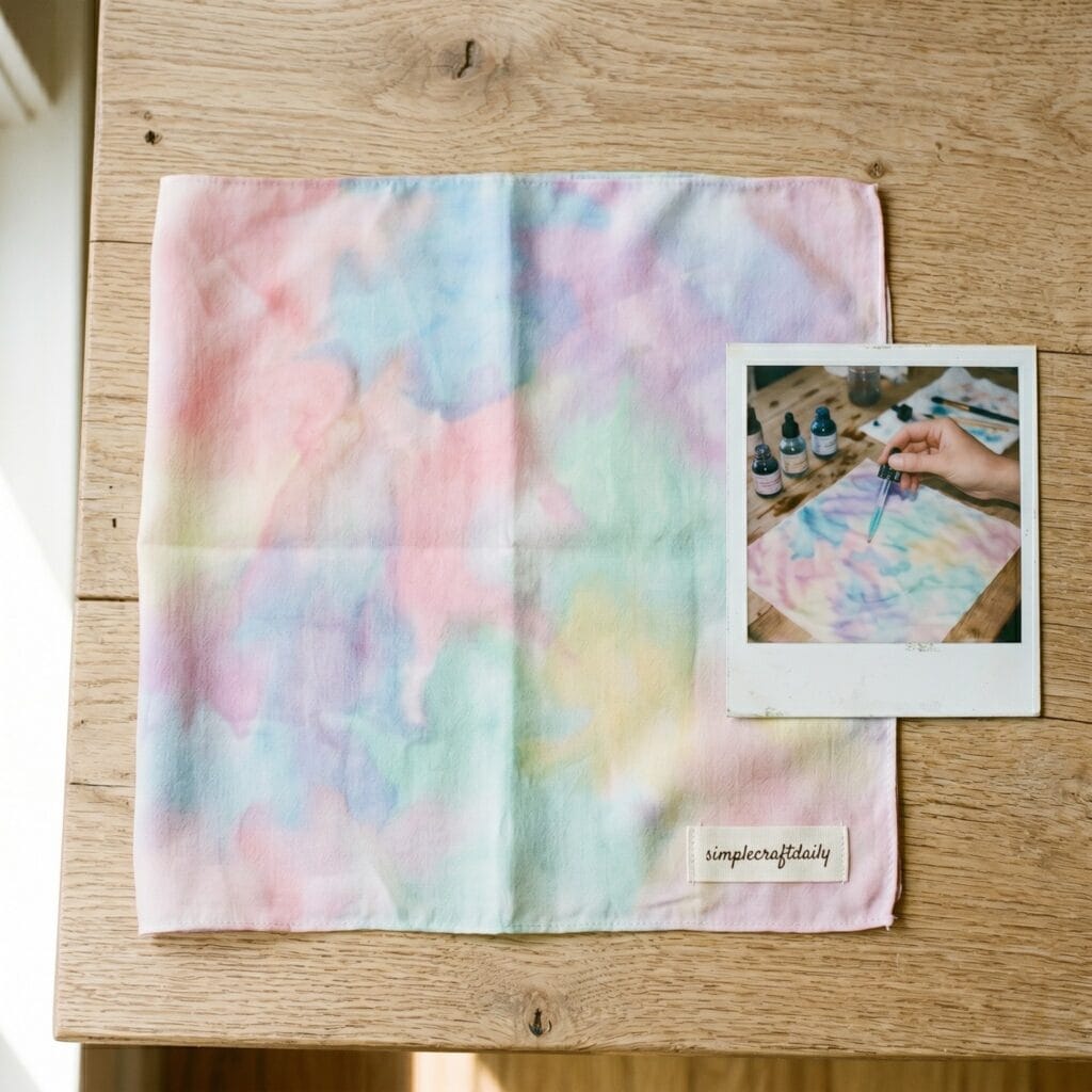 A pastel watercolor silk bandana with a simplecraftdaily label next to a polaroid photo showing a single hand using a glass dropper to apply liquid dye onto wet white silk.