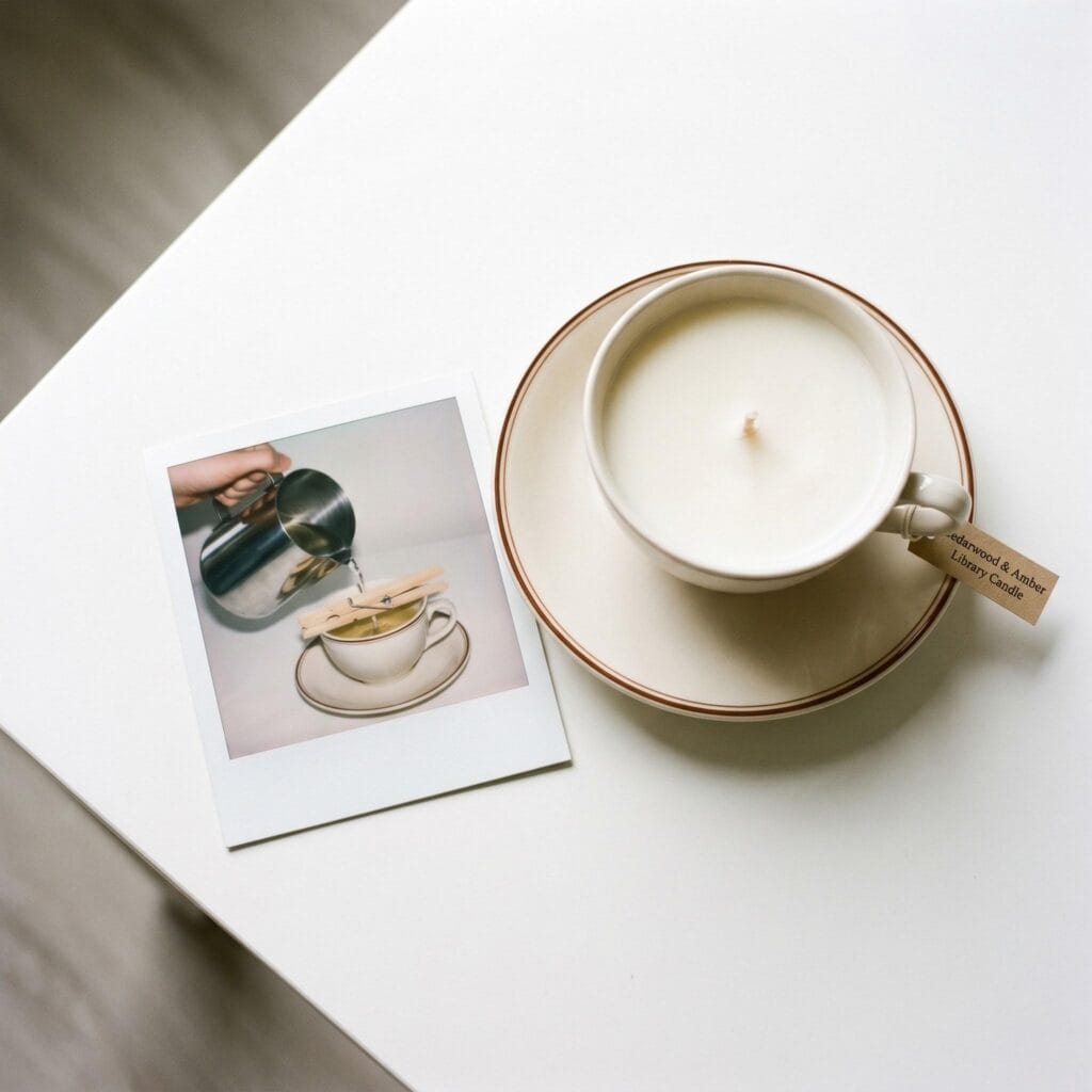 A soy candle poured into a vintage ceramic teacup on a white table next to a polaroid showing a hand pouring hot wax into the teacup.