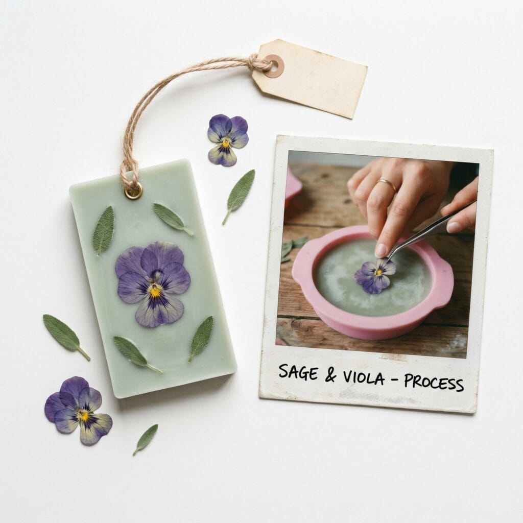 A sage-green wax sachet with a purple viola on a white table next to a polaroid showing a hand placing the flower in a mold.