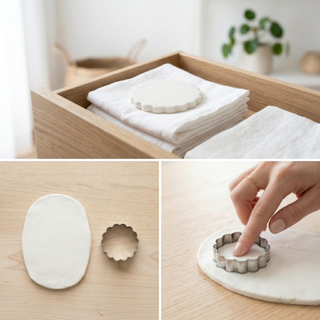 Flat white clay disc with a decorative ruffled scalloped edge resting on folded linens in a drawer.