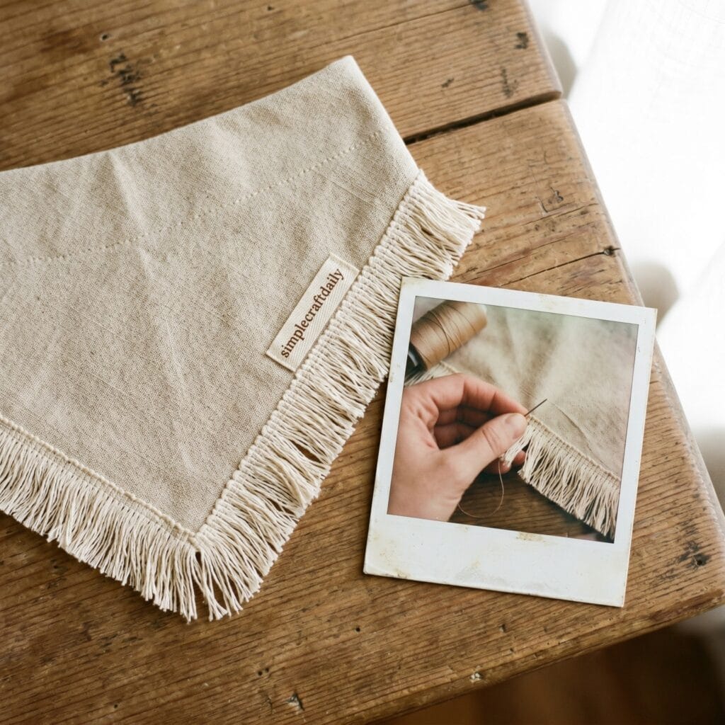 A beige canvas dog bandana with a cotton fringe trim next to a vintage polaroid photo capturing a single hand sewing the fringe trim onto the canvas edge.