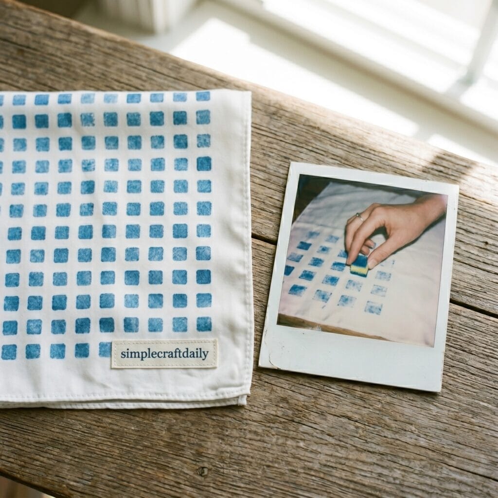A white silk bandana with a pattern of small blue stamped squares next to a vintage polaroid photo capturing a single hand pressing a tiny 1-inch sponge cube onto the fabric.