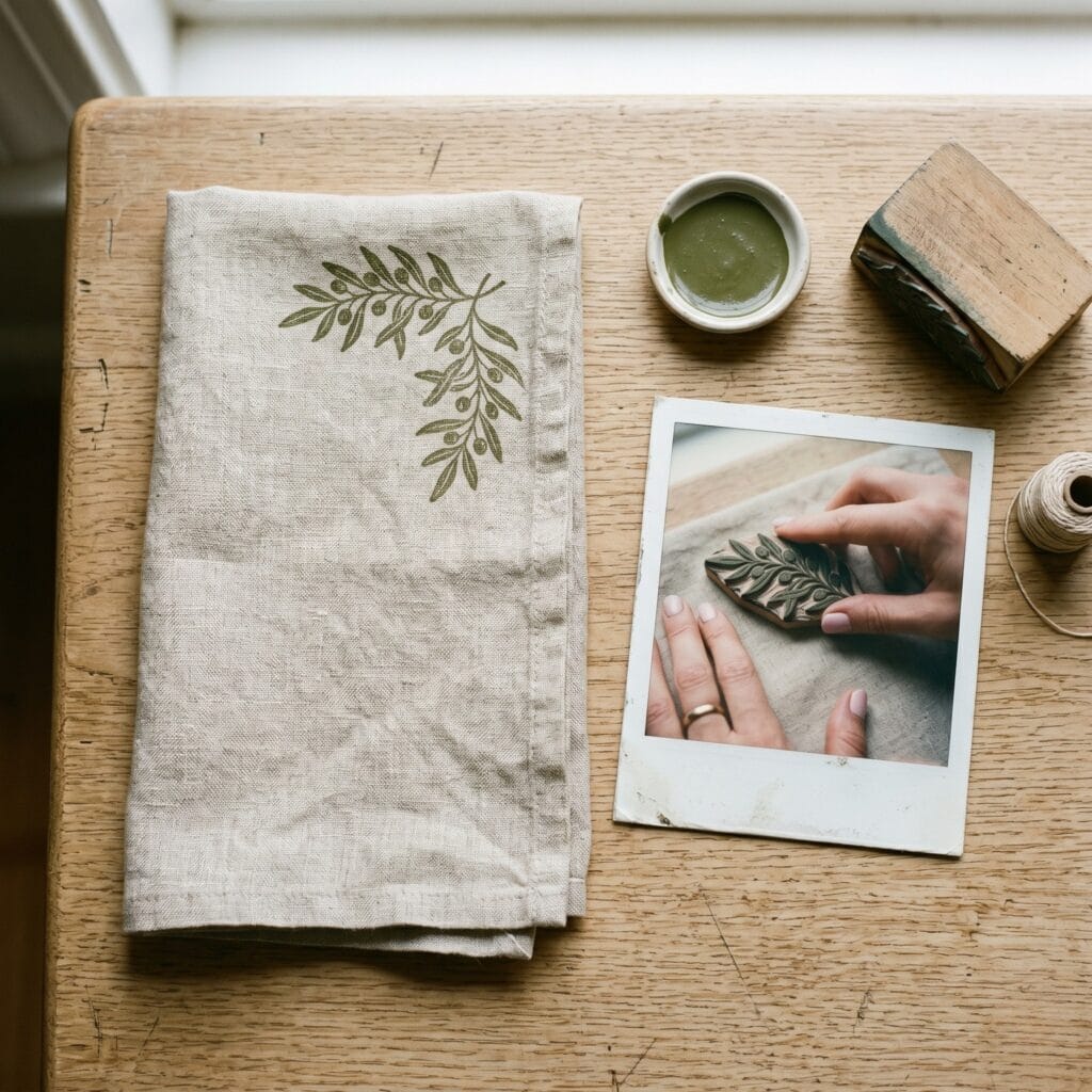 A rustic linen cloth napkin decorated with a delicate hand-stamped green olive branch design in the corner resting beside a physical vintage polaroid photo showing a rubber branch stamp process on wood