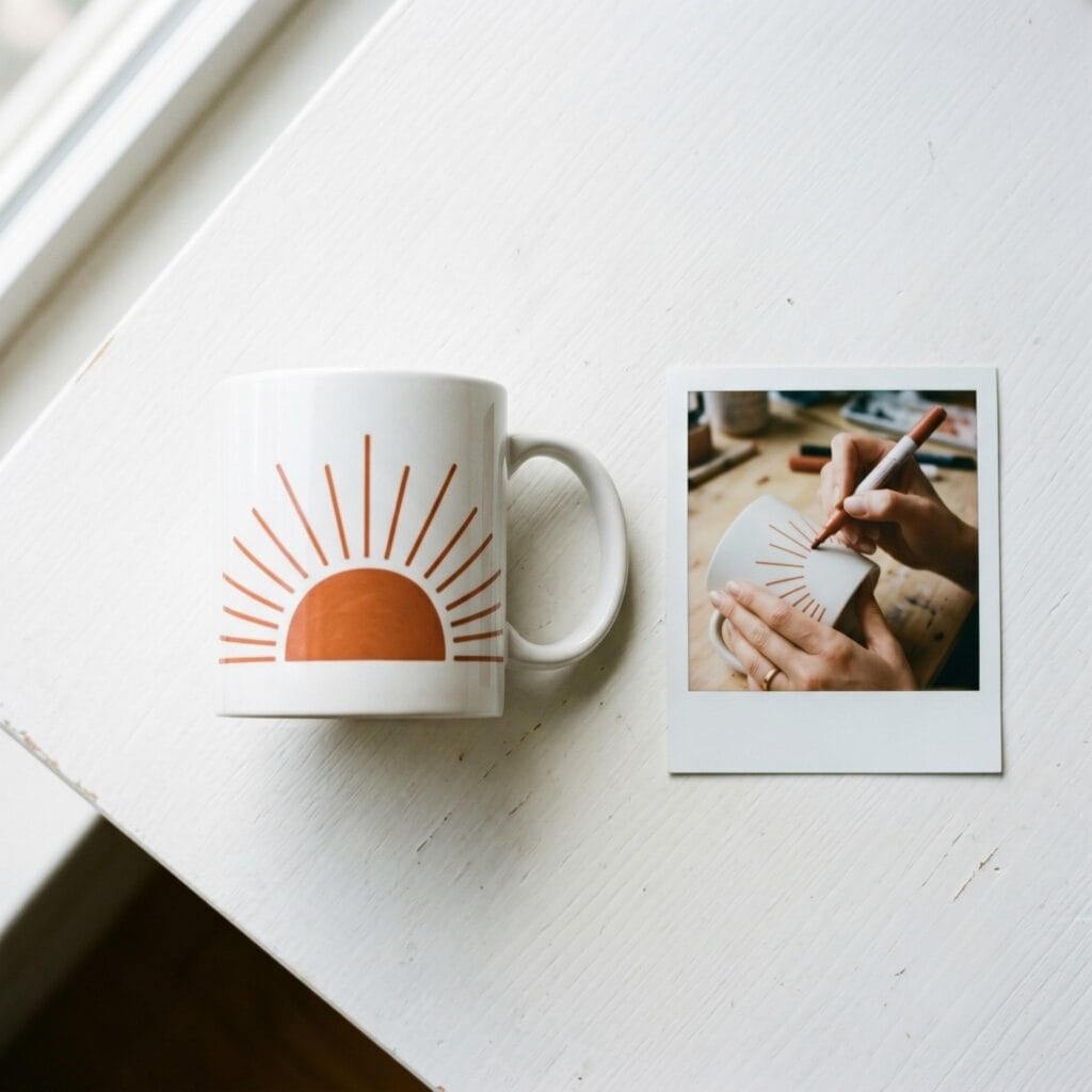 A white ceramic mug featuring a boho terracotta sunburst arch on a white table next to a polaroid showing a hand drawing sunbeams.