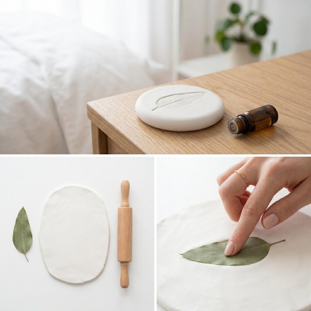 White air-dry clay diffuser stone featuring a realistic pressed eucalyptus leaf fossil imprint.