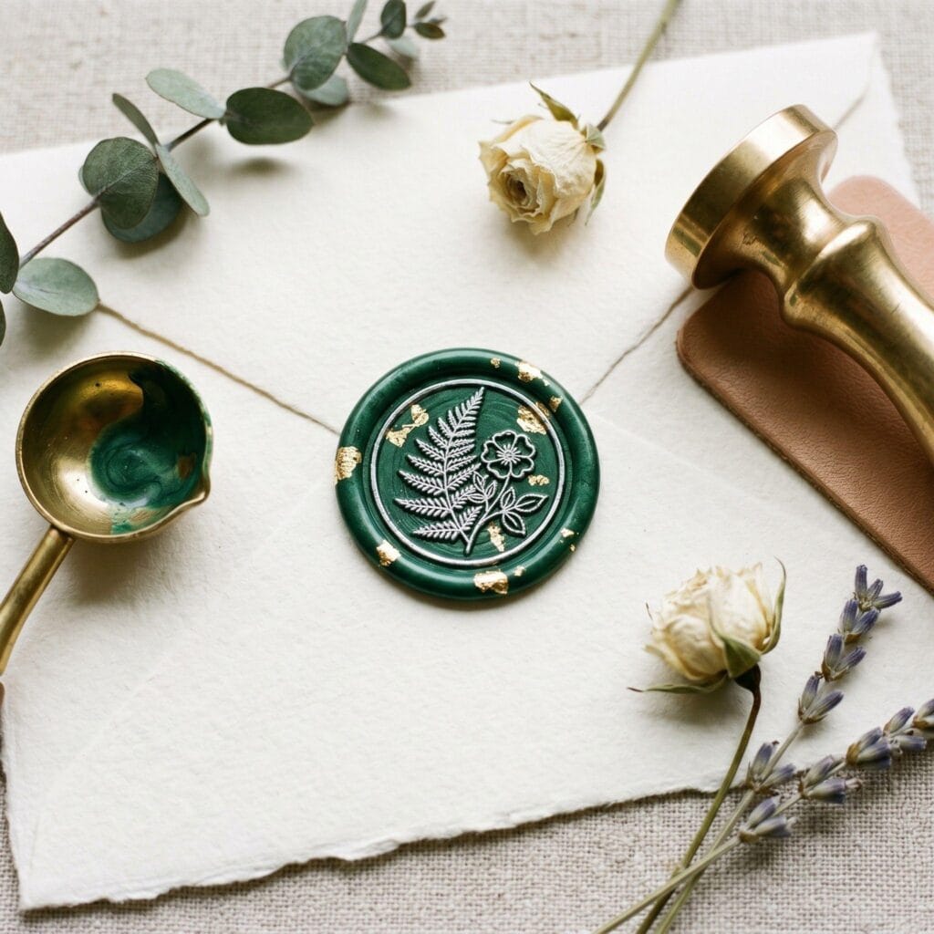 A luxurious custom wax seal on fine stationery featuring gold leaf flakes and a botanical stamp highlighted with a silver metallic marker.
