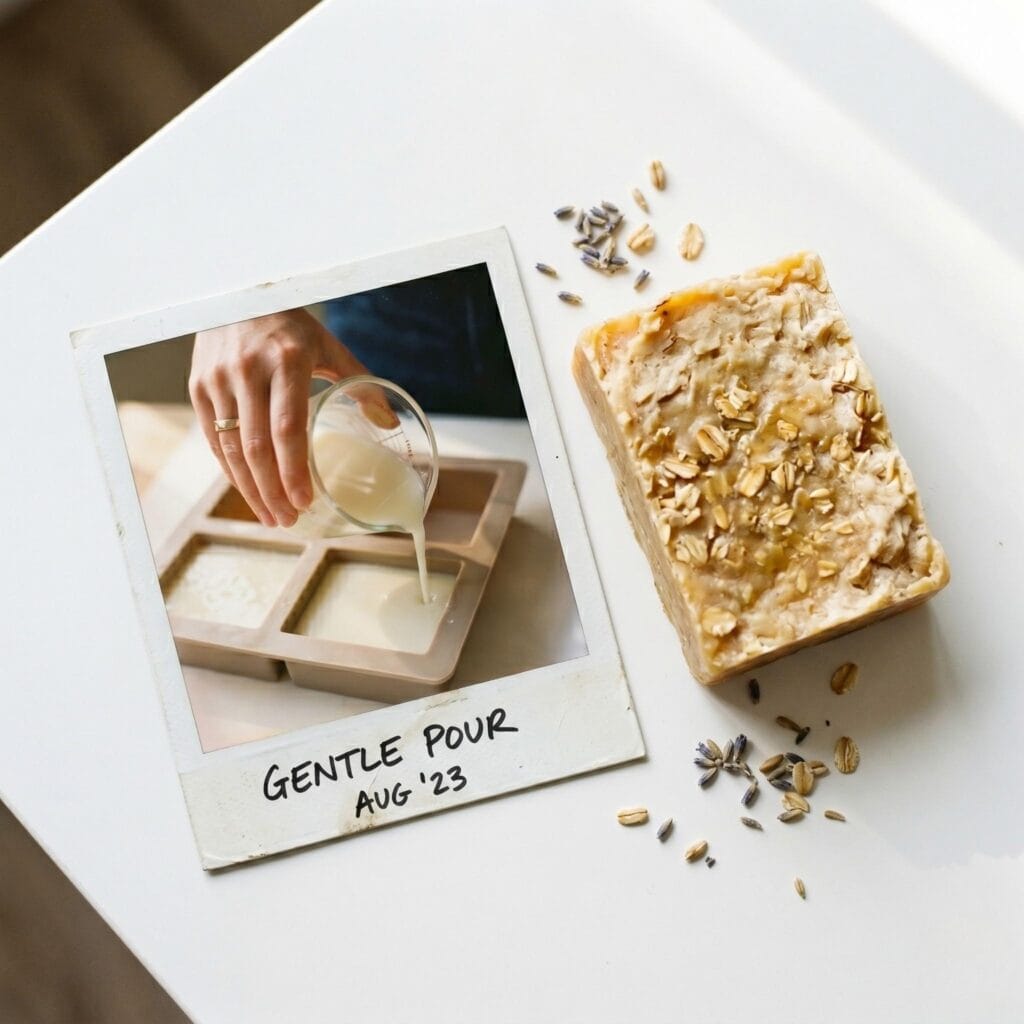 A rustic cream-colored oatmeal soap bar on a white table next to a polaroid showing a hand stirring ground oatmeal into melted soap base.