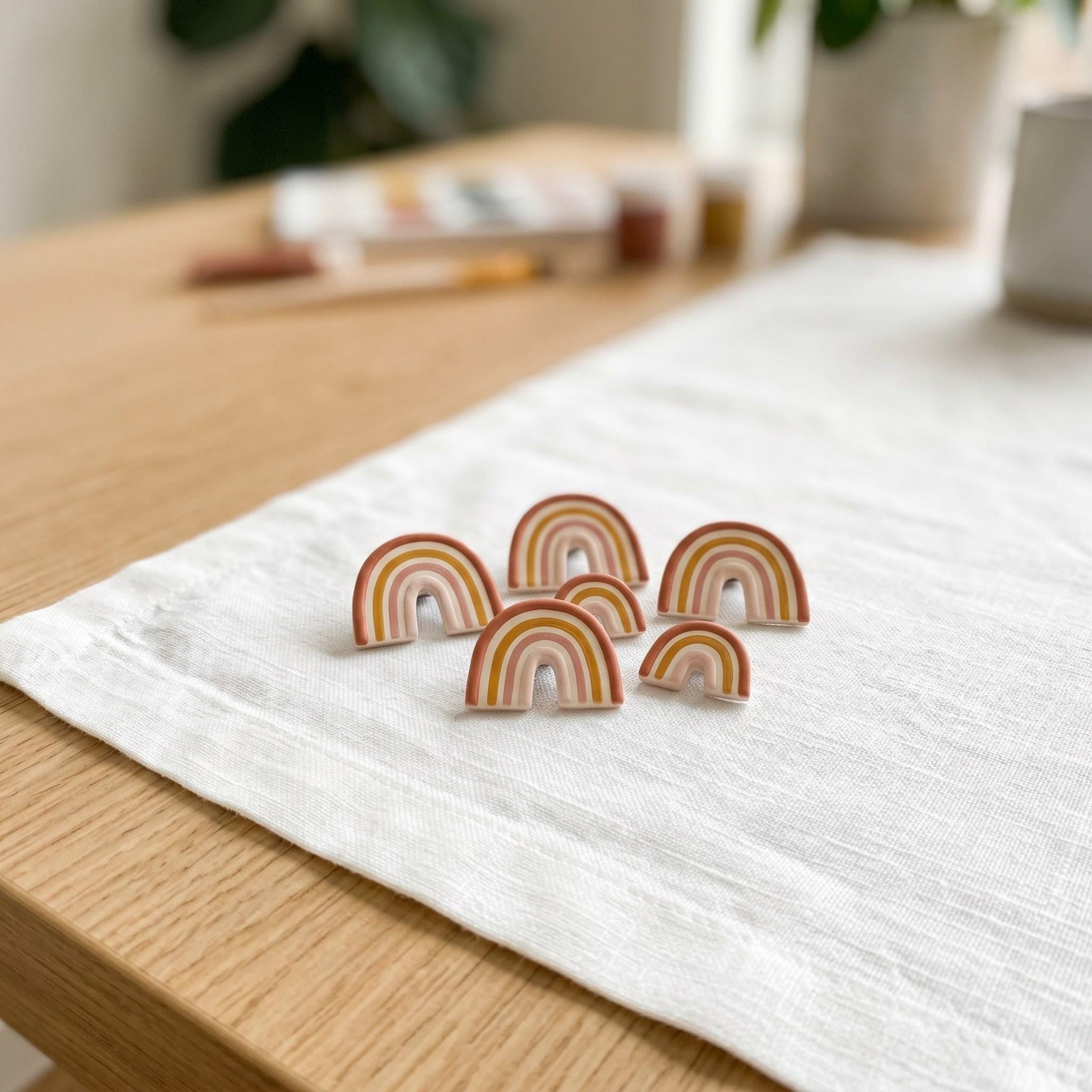 Tiny handmade clay magnets shaped as minimalist arches and painted with soft earthy lines on a linen cloth.