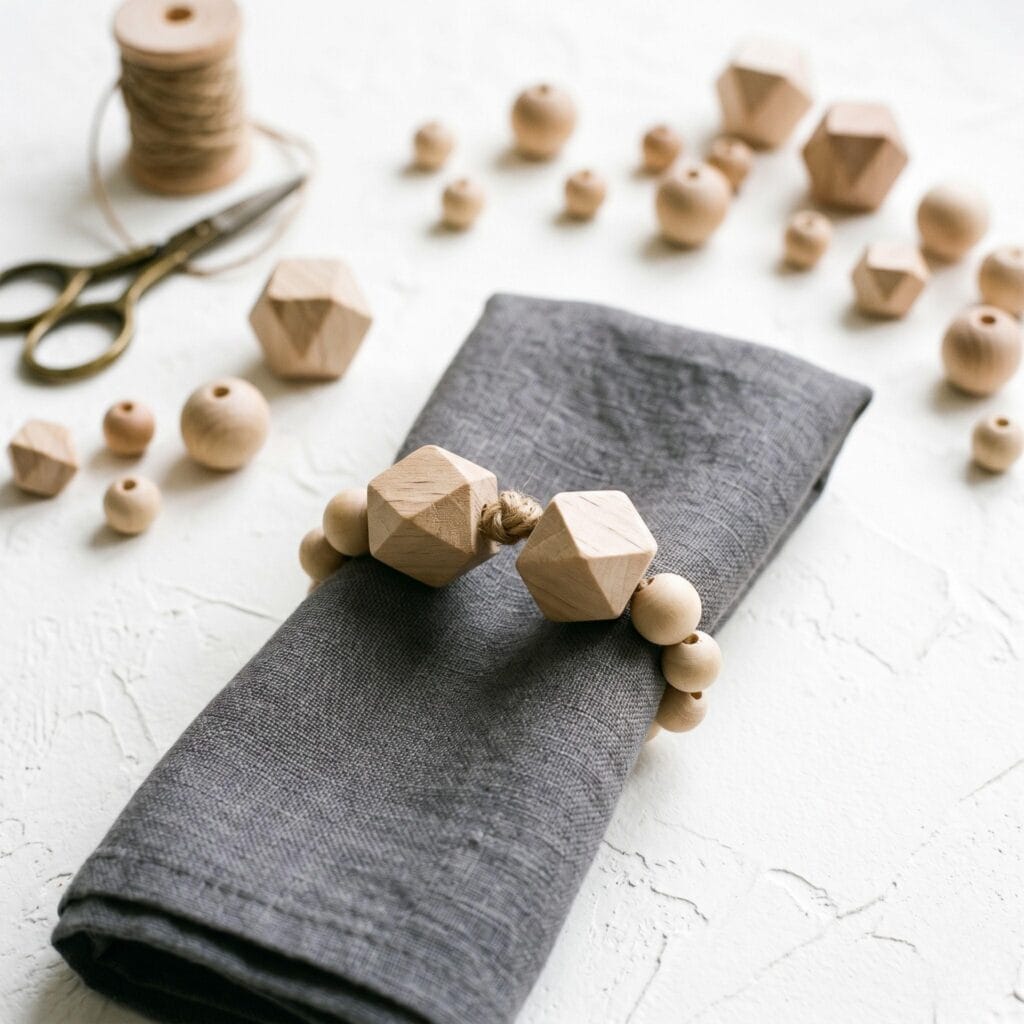 A finished modern wooden bead napkin ring featuring round and geometric faceted beads mixed on jute twine, resting elegantly on a minimalist dining napkin.