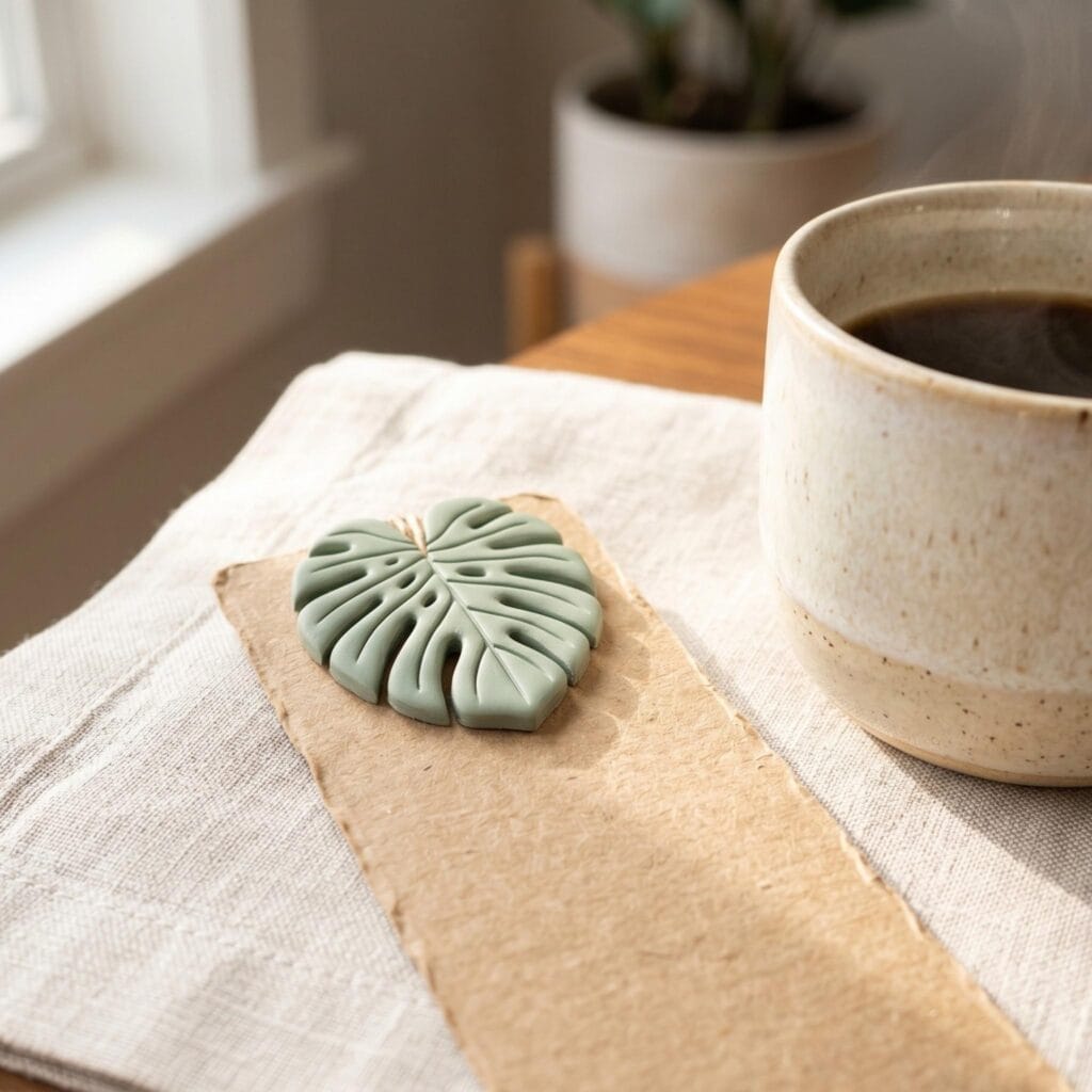 A elegant sage green monstera leaf polymer clay bookmark resting on a beige linen napkin.