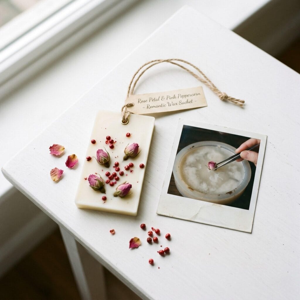 An elegant cream-colored rose wax sachet on a white table next to a polaroid photo showing a hand placing a rosebud into a silicone mold.