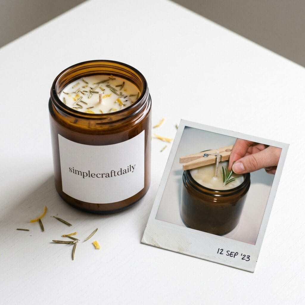 A handmade soy candle in an amber jar on a white table next to a polaroid photo showing a hand placing a rosemary sprig into cooling wax.