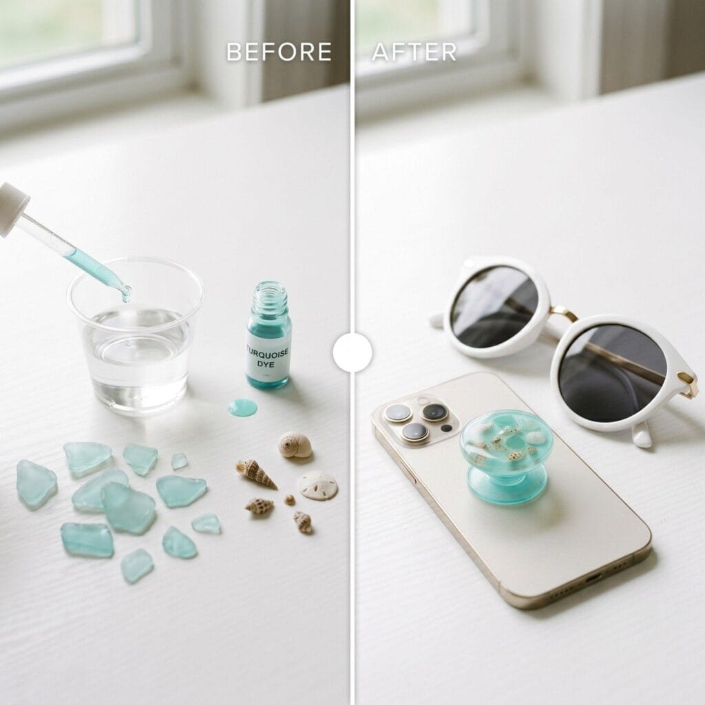 A split-screen before and after showing a cup of clear resin and crushed sea glass on the left, and the finished translucent turquoise DIY resin phone grip next to sunglasses on the right.