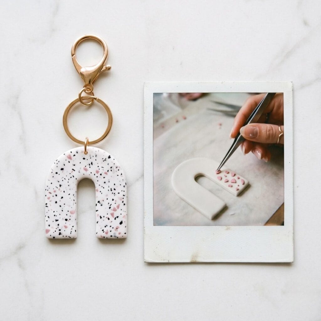 A modern white polymer clay arch keychain with pink and black terrazzo specks on a white table next to a polaroid showing a hand placing clay flakes.