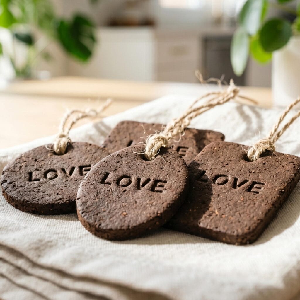 Four dark brown coffee clay gift tags stamped with the word LOVE and tied with jute twine on white linen.