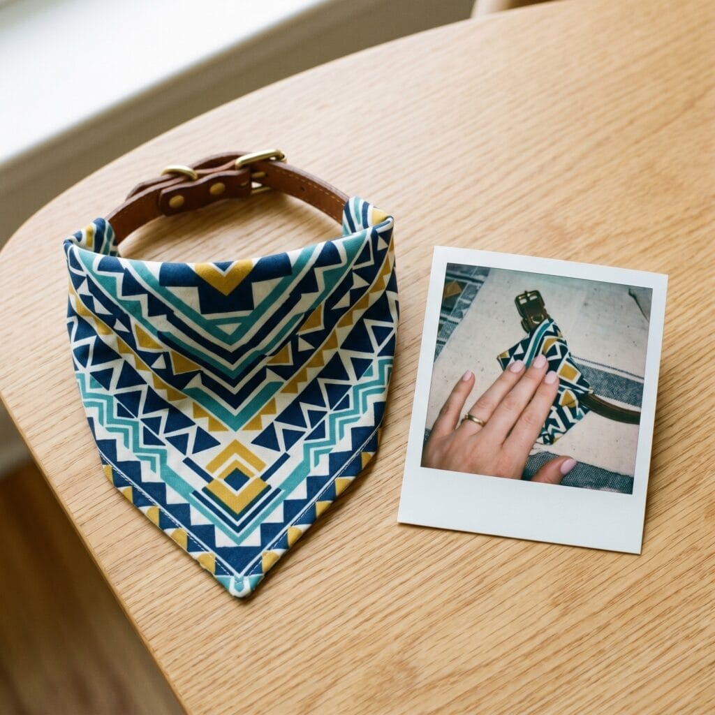 A modern geometric patterned fabric dog bandana styled flat on a light oak table next to a vintage polaroid snapshot showing the fabric folding process.