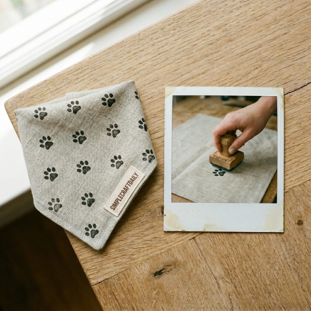 A natural linen dog bandana with black stamped paw prints and a simplecraftdaily label next to a polaroid showing a hand pressing a wooden stamp.