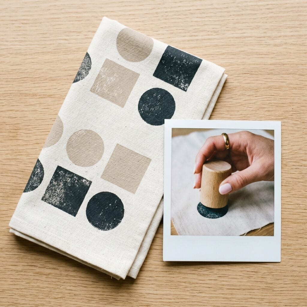 An asymmetric modern cloth napkin printed with solid geometric squares and circles in neutral beige and charcoal ink next to a polaroid snapshot capturing a hand stamping with a matching cylindrical block