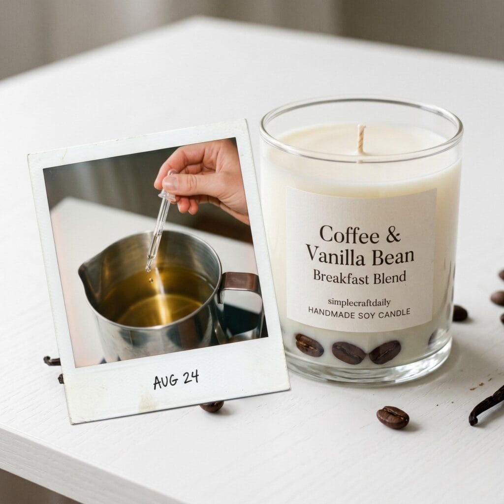 A clear glass jar candle with roasted coffee beans at the bottom on a white table next to a polaroid showing a hand adding vanilla fragrance to hot liquid wax.
