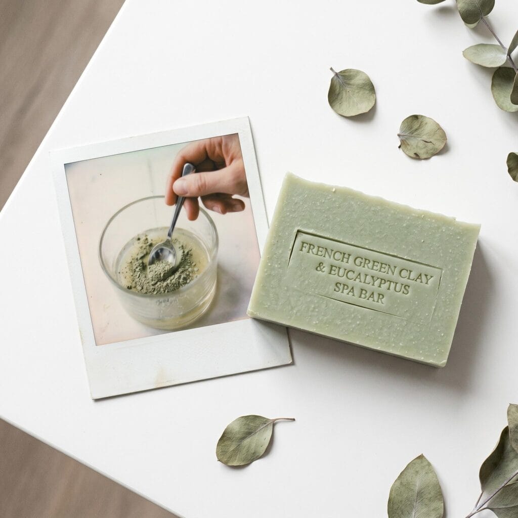 A pastel sage-green clay soap bar on a white table next to a polaroid showing a hand mixing fine clay powder into a melted base.