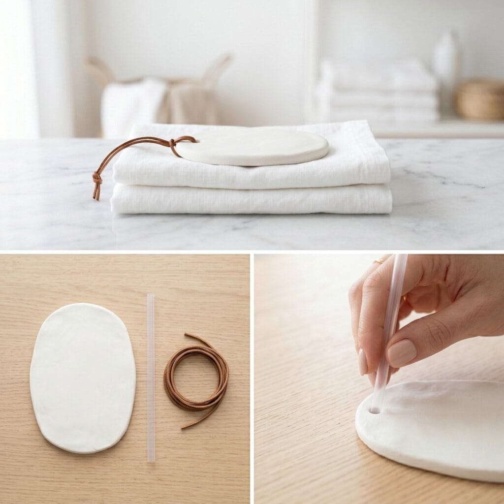 Oval-shaped white clay diffuser stone tied with a brown leather cord hanging in a wardrobe.