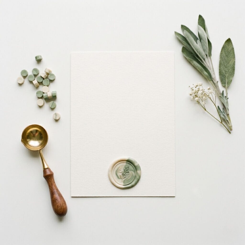 A marbled two-tone custom wax seal in cream and sage green colors, stamped on a completely blank off-white card.