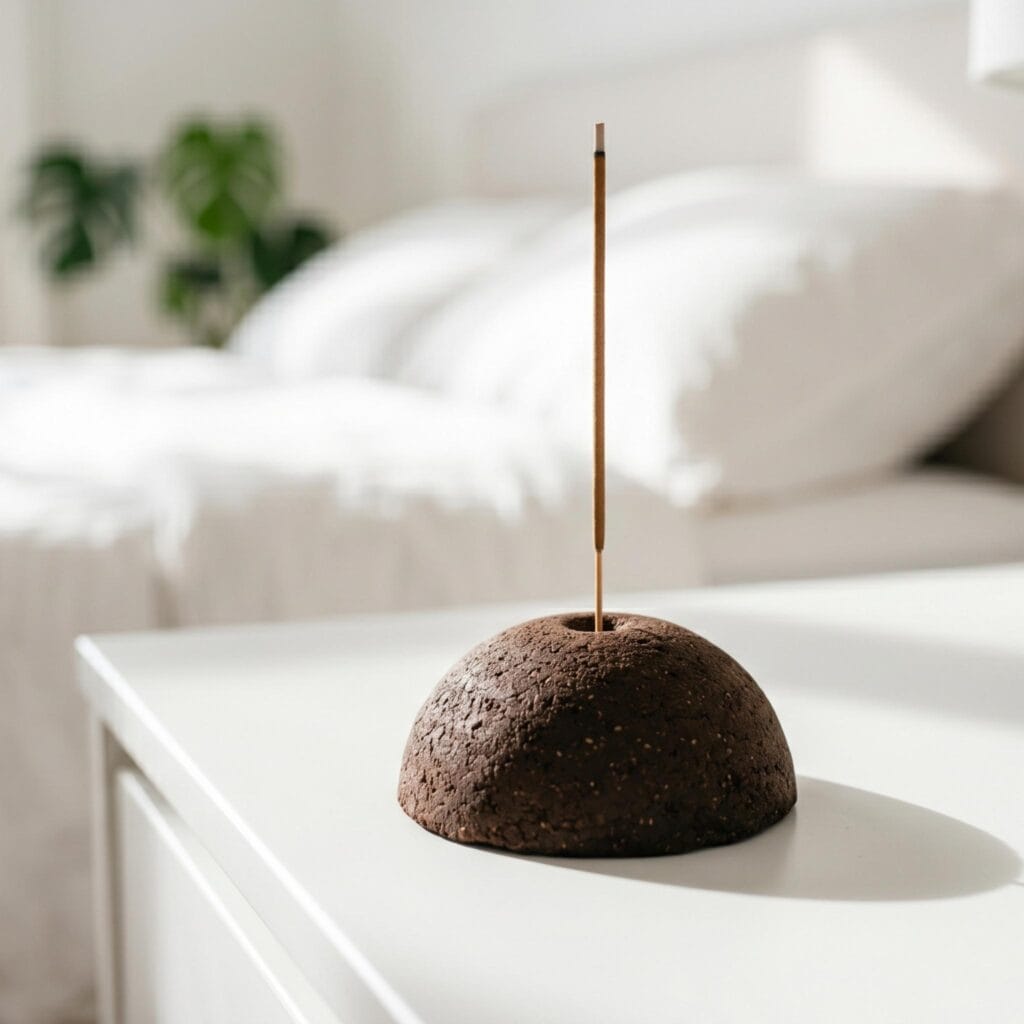 A minimalist dome-shaped dark brown coffee clay incense holder holding a burning stick on a white bedside table.