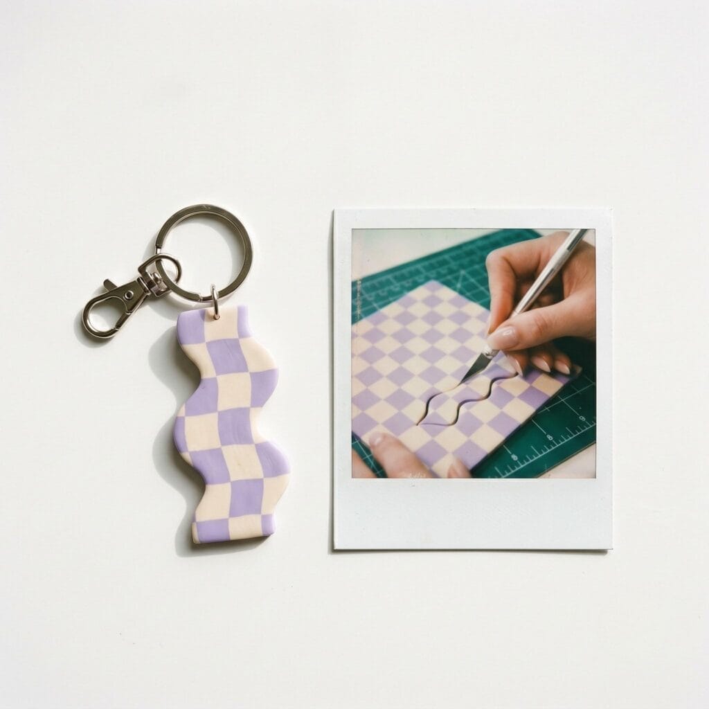 A wavy lavender and cream checkerboard polymer clay keychain on a white table next to a polaroid showing a hand cutting a clay slab.