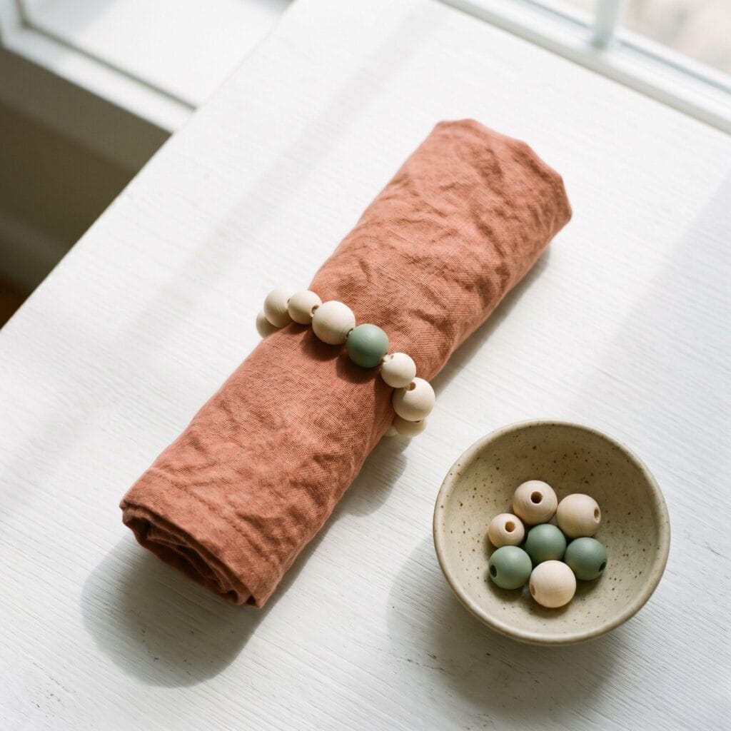 A finished customized wooden bead napkin ring set featuring a sage green painted bead mixed with natural wood beads, styled on a modern table.