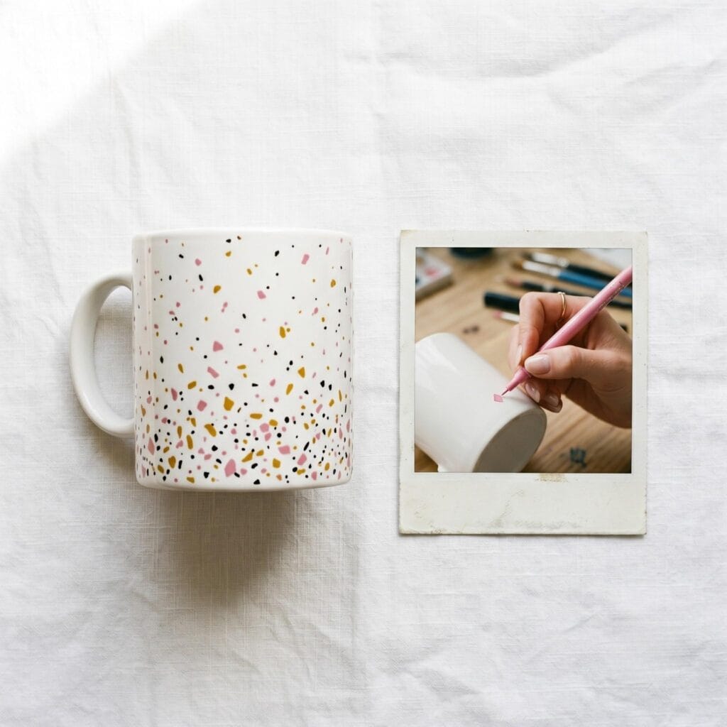 A white ceramic mug with small pink, mustard, and black terrazzo flakes on a white table next to a polaroid showing a hand painting flakes.